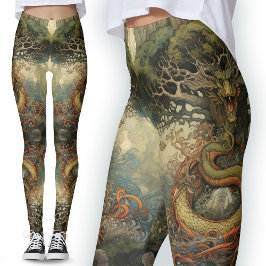 Groen Sinaasappel Natuur Chinees Tree Dragon Tatto Leggings