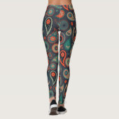 Groen sinaasappel Paisley Patroon op donkerblauw Leggings (Achterkant)