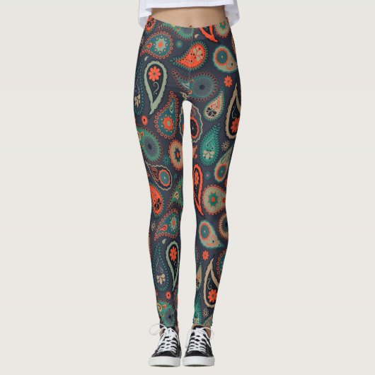 Groen sinaasappel Paisley Patroon op donkerblauw Leggings (Voorkant)