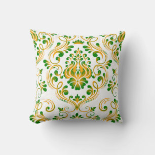 Groen Sinaasappel Wit Damask Bloempatroon Elegant Kussen
