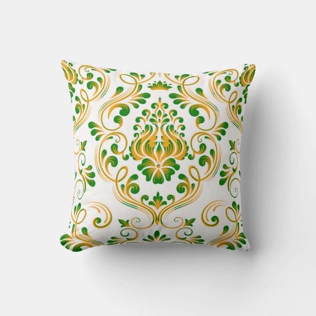 Groen Sinaasappel Wit Damask Bloempatroon Elegant Kussen (Voorkant)