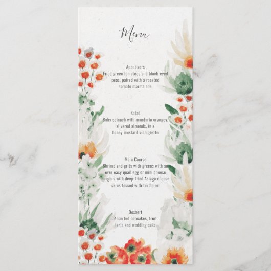 Groen Sinaasappel Wit Waterverf Bloemenbruiloft | Menu (Voorkant)