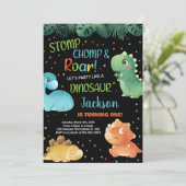 Groen Sinaasappel Zwart Dinosaurus Verjaardagsuitn Kaart (Staand voorkant)