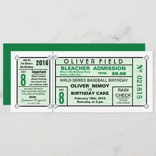 Groen stadion met ticket Baseball Birthday Kaart (Voorkant / Achterkant)