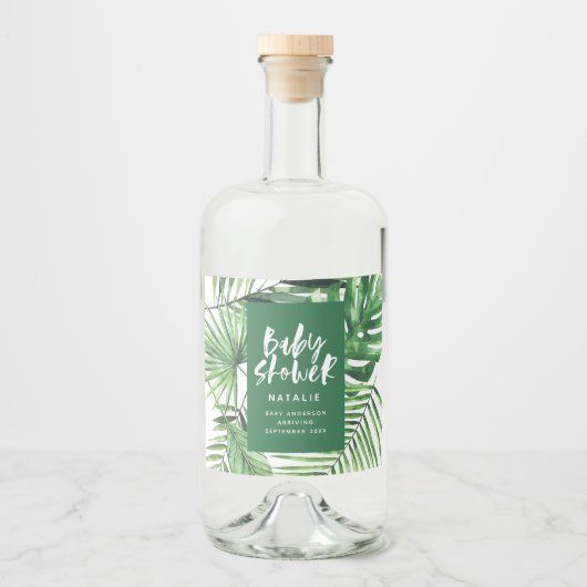 Groen stijlvol tropisch gebladerte modern baby sho likeurfles etiket (Voorkant)