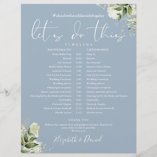Groen Stoffig Blauw Bruiloft Schema Tijdlijn (Voorkant)