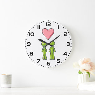 Groen Stokfiguur Koppel Roze Hart Liefde Grote Klok