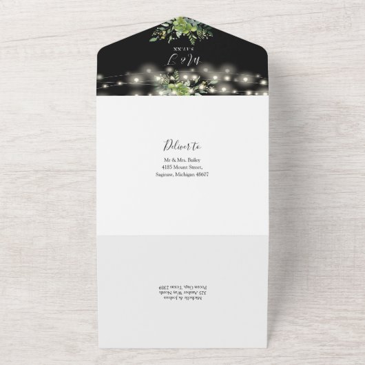 groen string lampjes zwart-wit bruiloft all in one uitnodiging (Buitenkant)