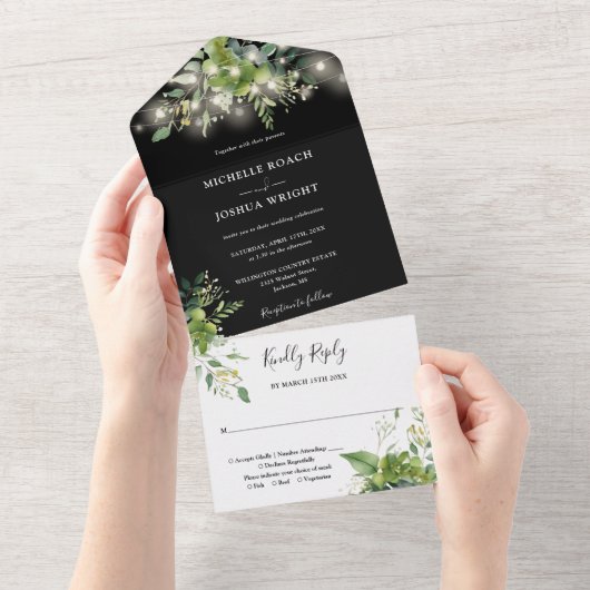 groen string lampjes zwart-wit bruiloft all in one uitnodiging (Afscheurbaar)