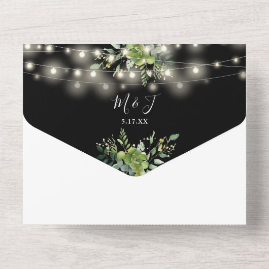 groen string lampjes zwart-wit bruiloft all in one uitnodiging (Achterkant)