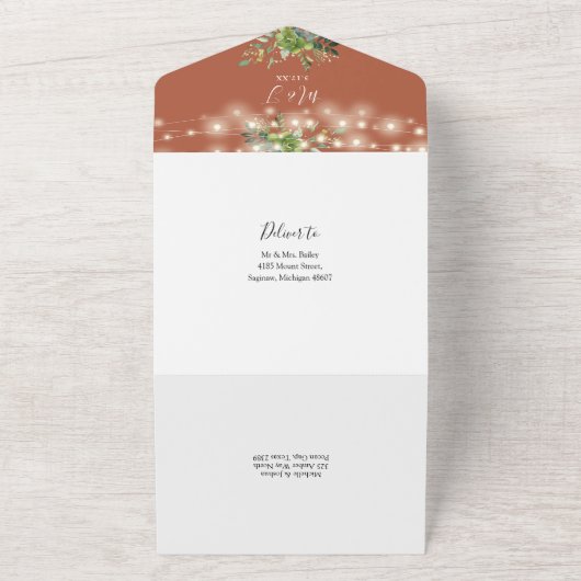 Groen String Lights Terracotta Bruiloft All In One Uitnodiging (Buitenkant)