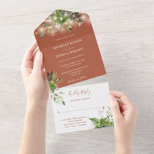 Groen String Lights Terracotta Bruiloft All In One Uitnodiging (Afscheurbaar)