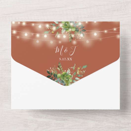 Groen String Lights Terracotta Bruiloft All In One Uitnodiging (Achterkant)