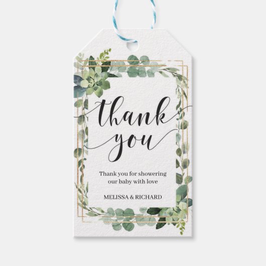 Groen succulent bloemengoud geometrische baby cadeaulabel (Voorkant)