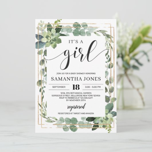 Groen succulent boho het is een meisje baby shower kaart (Staand voorkant)