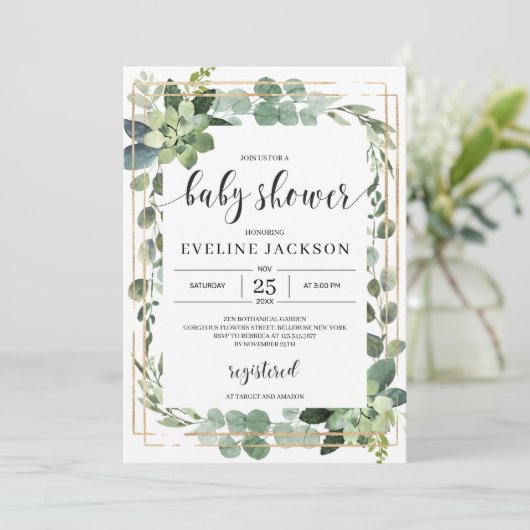 Groen succulent floral boho baby shower kaart (Staand voorkant)