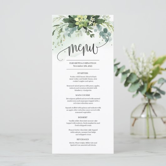 Groen succulent groen gebladerte bruiloft menu (Staand voorkant)