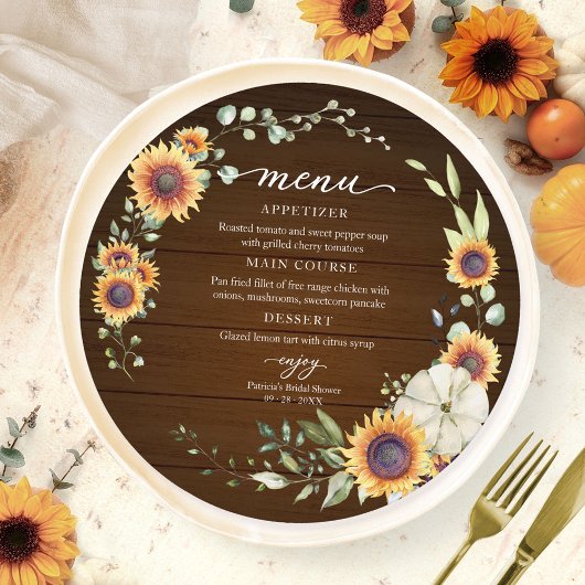 Groen Sunflower Herfst Bruiloft Borrel Cirkel Menu Kaart