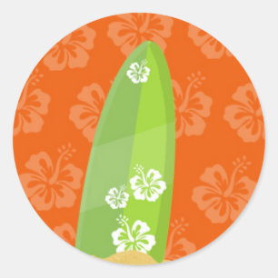 Groen Surf Board op Oranje Ibiscus Achtergrond Ronde Sticker