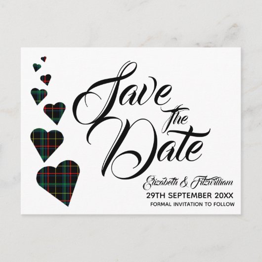 Groen Tartan Hart Save the Date Briefkaart (Voorkant)