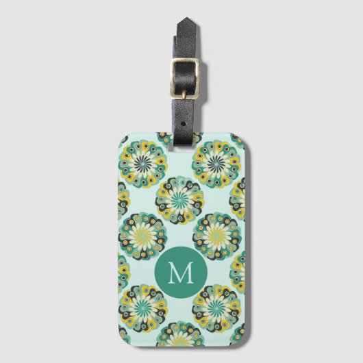 Groen Teal Modern Bloem Patroon Monogram Bagagelabel (Voorkant (verticaal))