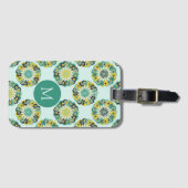 Groen Teal Modern Bloem Patroon Monogram Bagagelabel (Voorkant (horizontaal))