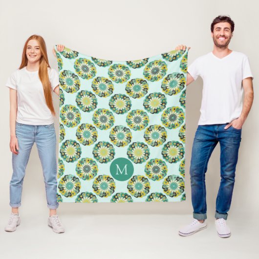 Groen Teal Modern Bloempatroon Monogram Fleece Deken (In situ)