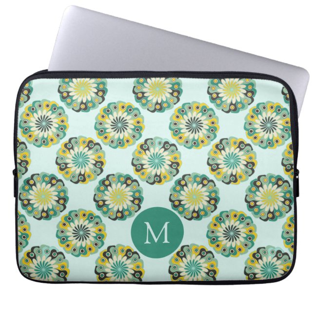 Groen Teal Modern Bloempatroon Monogram Laptop Sleeve (Voorkant)