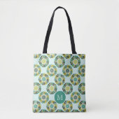 Groen Teal Modern Bloempatroon Monogram Tote Bag (Voorkant)