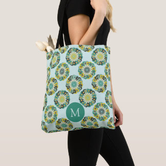 Groen Teal Modern Bloempatroon Monogram Tote Bag