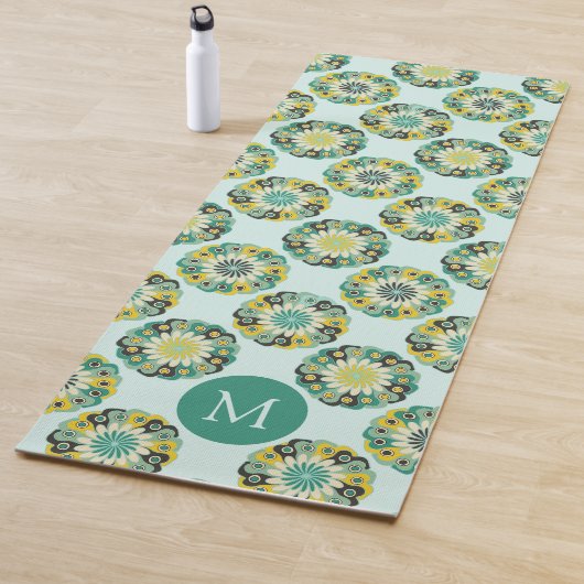 Groen Teal Modern Bloempatroon Monogram Yogamat (In situ)