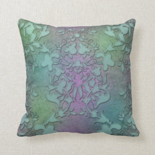 Groen Teal Paars Damast Moderne Kunst in distresse Kussen