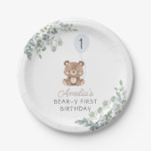 Groen Teddybeer Eerste Verjaardag Geslacht Neutraa Papieren Bordje (Voorkant)