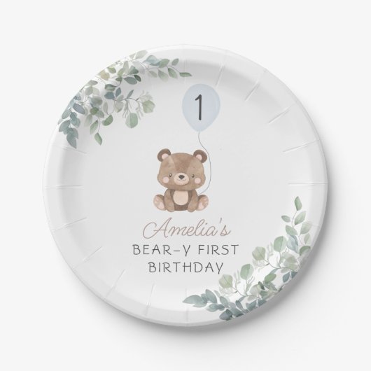 Groen Teddybeer Eerste Verjaardag Geslacht Neutraa Papieren Bordje (Voorkant)