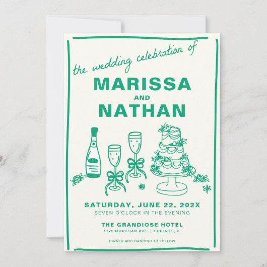 Groen Tekenen Samen Met Foto Huwelijksuitnodiging Kaart (Voorkant)