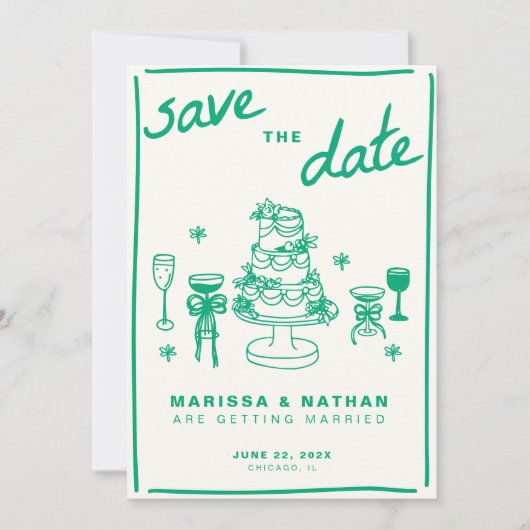 Groen Tekenen Samen Trouwen Met Foto Save The Date (Voorkant)