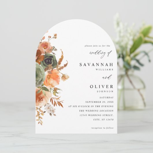 Groen & Terra Cotta Floral Wedding Arch Kaart (Staand voorkant)