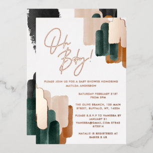 Groen terracotta abstracte waterverf baby shower i folie uitnodiging