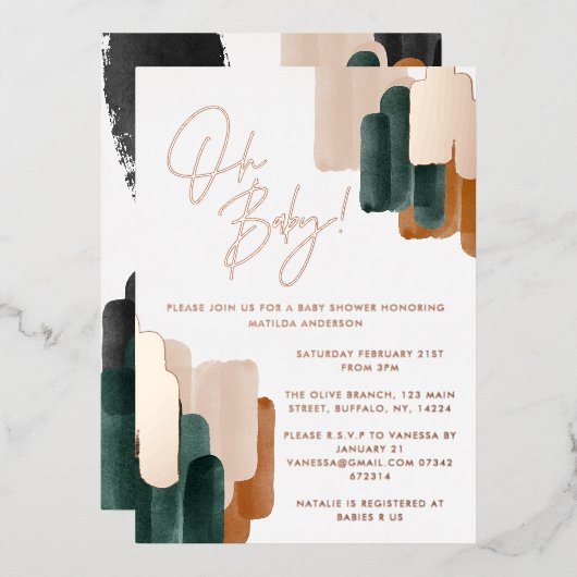 Groen terracotta abstracte waterverf baby shower i folie uitnodiging (Voorkant / Achterkant)