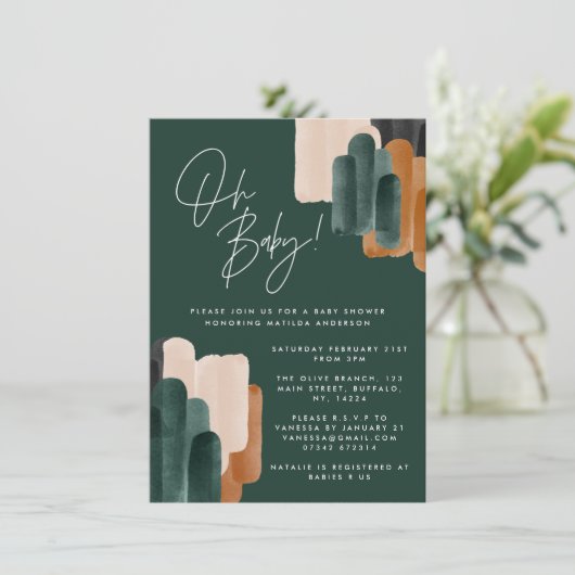 Groen terracotta abstracte waterverf baby shower i kaart (Staand voorkant)