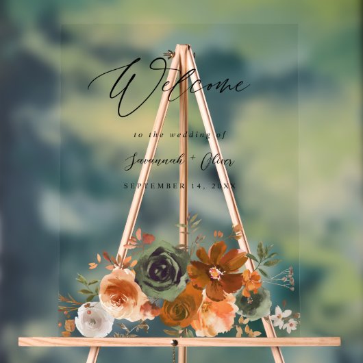 Groen & TerraCotta Bloemenbruiloft Welkom Acryl Bord (Neutraal)
