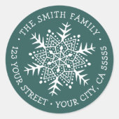 Groen terugzendadres witte sneeuwvlok ronde sticker (Voorkant)