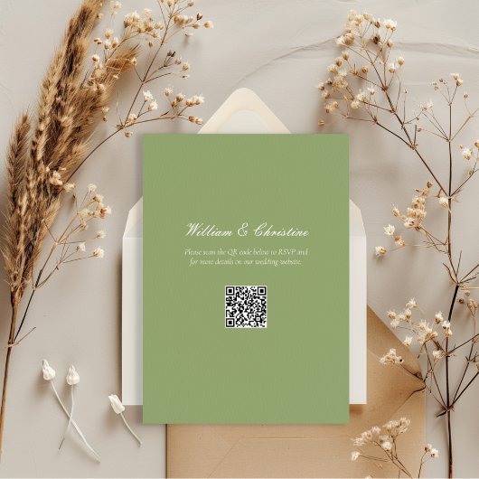 Groen Tijdloos Modern Script QR Code Wedding Kaart