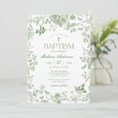 Groen Toile De Jouy Vintage Bloem Doop Kaart (Staand voorkant)