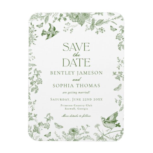Groen Toile De Jouy Vintage Bloemen Save the Date Magneet (Verticaal)