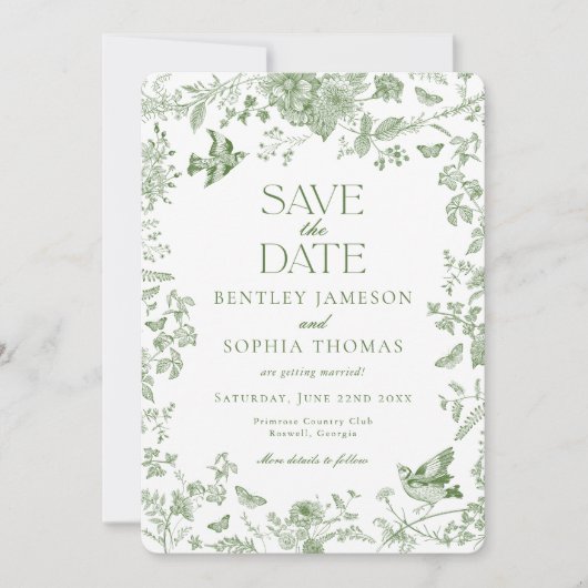 Groen Toile De Jouy Vintage Bloemmotief Bewaar de Kaart (Voorkant)