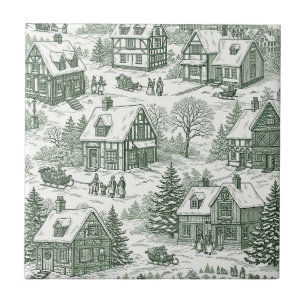 Groen Toile Vintage Kerst Dorp Patroon (2) Tegeltje