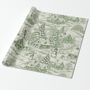 Groen Toile Vintage Kerst Dorp Patroon (3) Cadeaupapier
