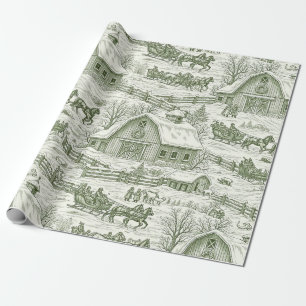Groen Toile Vintage Kerst Dorp Patroon (4) Cadeaupapier