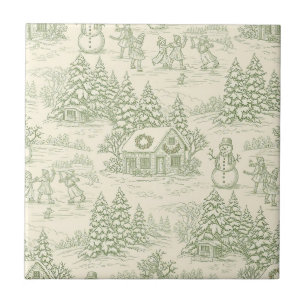 Groen Toile Vintage Kerst Dorp Patroon (5) Tegeltje